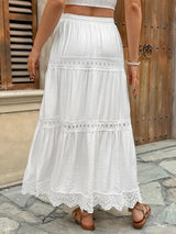 Women's Tiered Maxi Skirt Lace Trim High Waist – Flowy Summer Style