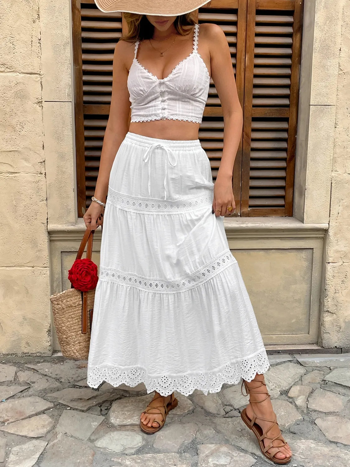 Women's Tiered Maxi Skirt Lace Trim High Waist – Flowy Summer Style