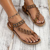Women's Toe Post Flat Sandals Beaded Ankle Strap Floral Print – Beach Vacation
