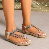 Women's Toe Post Flat Sandals Beaded Ankle Strap Floral Print – Beach Vacation