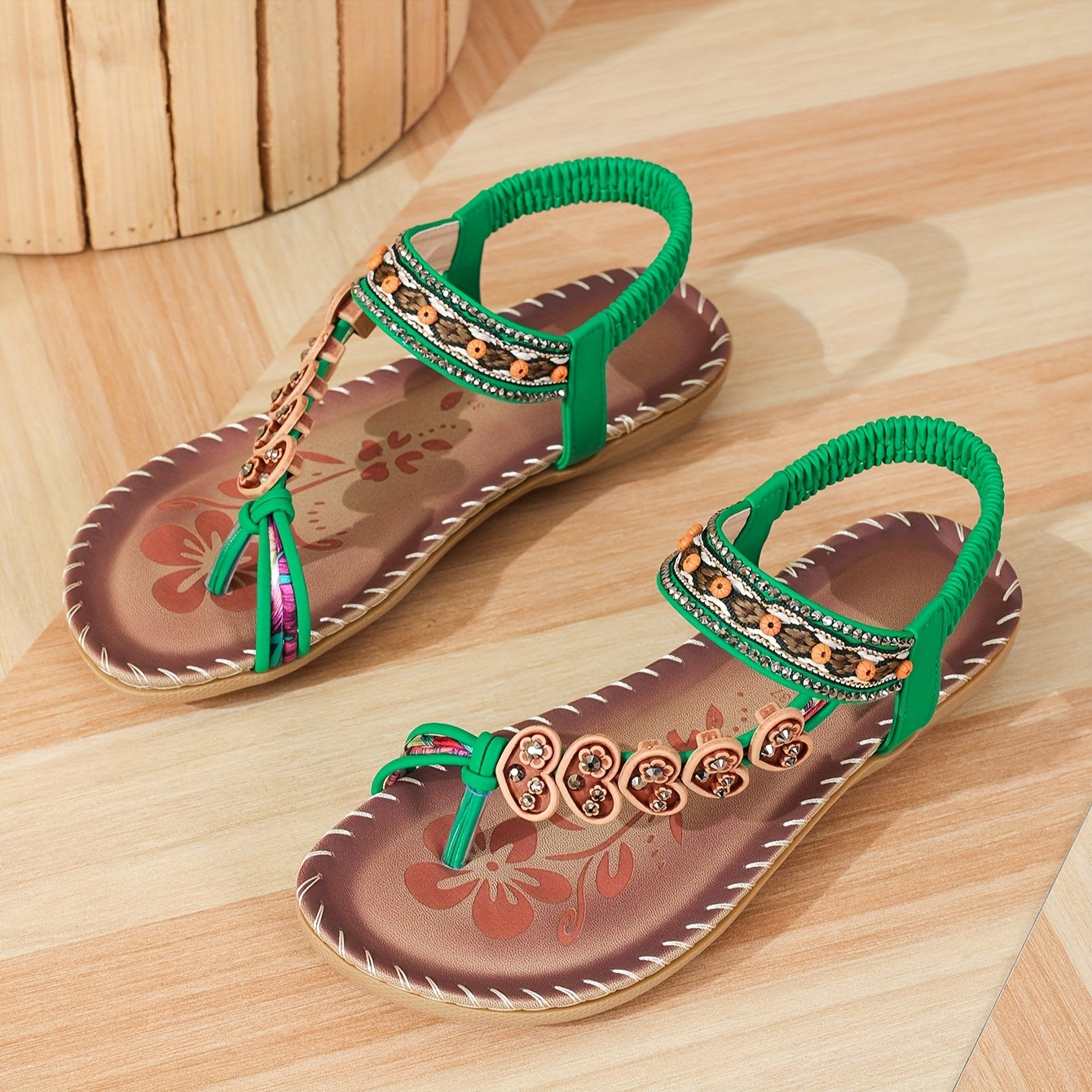 Women's Toe Post Flat Sandals Beaded Ankle Strap Floral Print – Beach Vacation