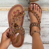 Women's Toe Post Flat Sandals Beaded Ankle Strap Floral Print – Beach Vacation