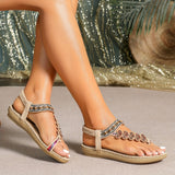 Women's Toe Post Flat Sandals Beaded Ankle Strap Floral Print – Beach Vacation
