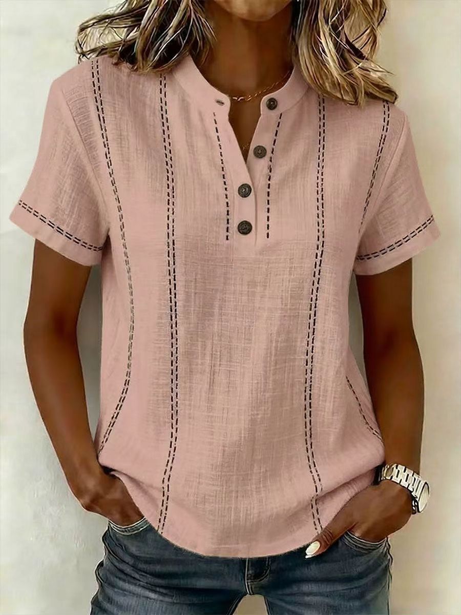 Women's Top Short Sleeve Button Neck Stitch Detail Curved Hem – Art Walk