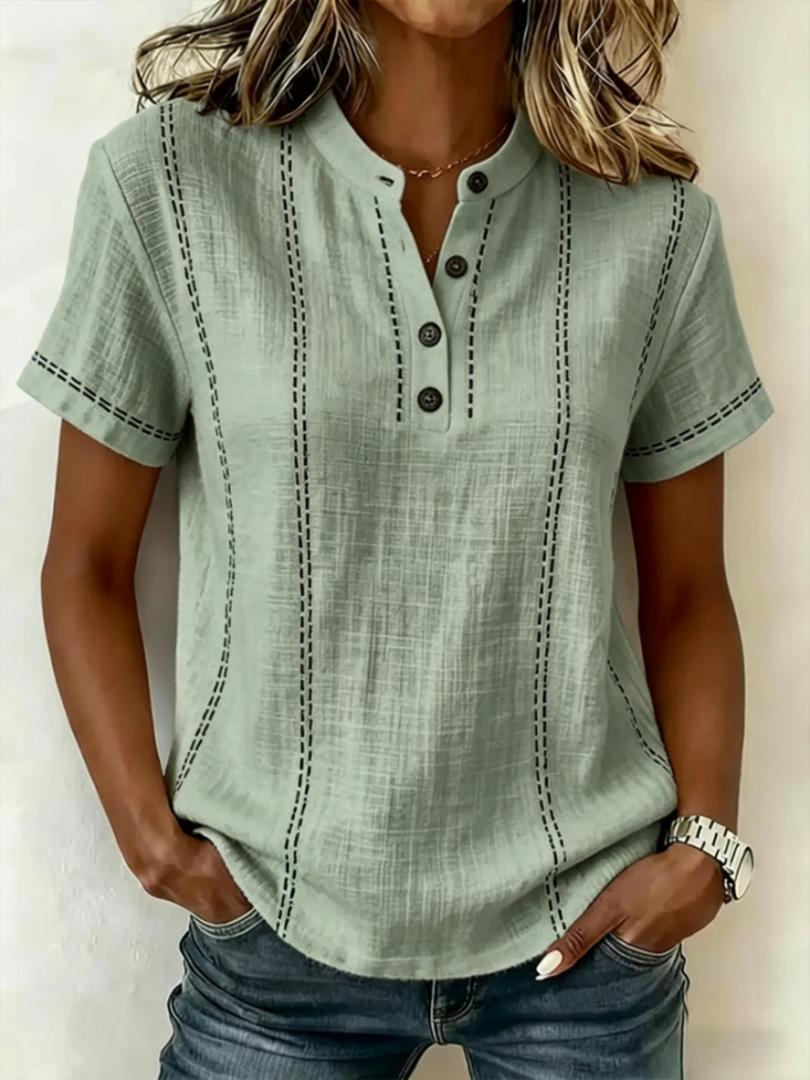 Women's Top Short Sleeve Button Neck Stitch Detail Curved Hem – Art Walk