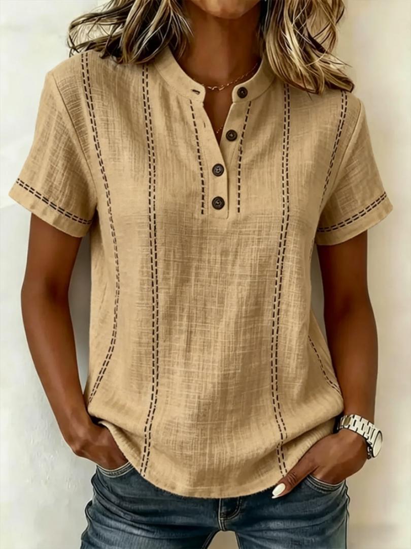 Women's Top Short Sleeve Button Neck Stitch Detail Curved Hem – Art Walk