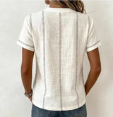Women's Top Short Sleeve Button Neck Stitch Detail Curved Hem – Art Walk