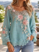 Women’s Top Wide Scoop Neck Floral Appliqué Lace Trim – Afternoon Tea Gatherings