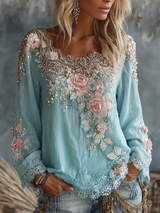 Women’s Top Wide Scoop Neck Floral Appliqué Lace Trim – Afternoon Tea Gatherings