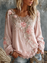 Women’s Top Wide Scoop Neck Floral Appliqué Lace Trim – Afternoon Tea Gatherings