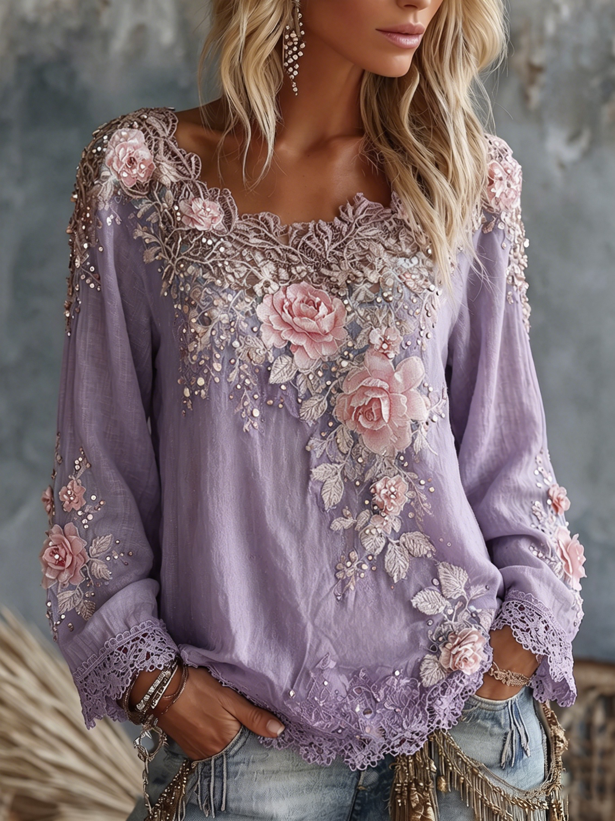 Women’s Top Wide Scoop Neck Floral Appliqué Lace Trim – Afternoon Tea Gatherings