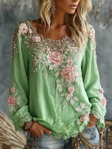 Women’s Top Wide Scoop Neck Floral Appliqué Lace Trim – Afternoon Tea Gatherings
