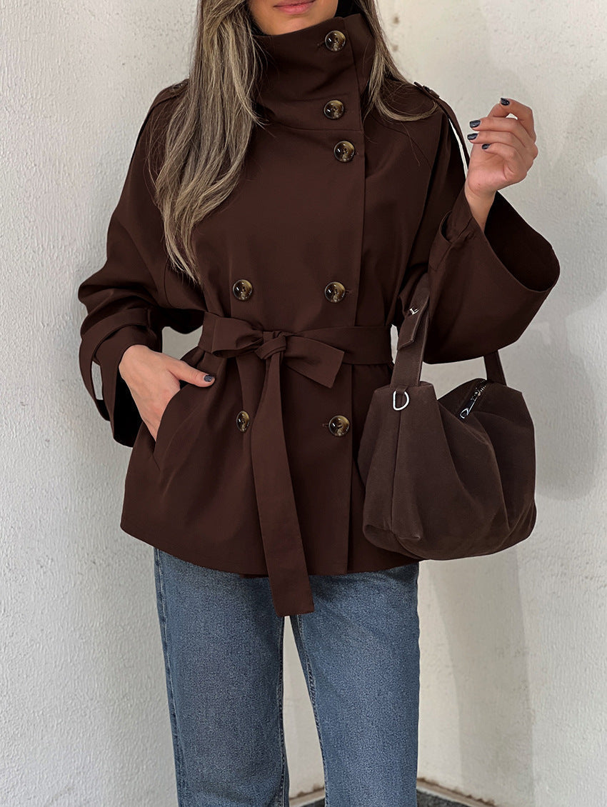 Women’s Trench Coat High Collar Double Breasted Tie Belt – City Weekend