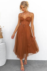 Women's Tulle Midi Wedding Guest DressSweetheart Corset Spaghetti Strap – Formal Party Wear