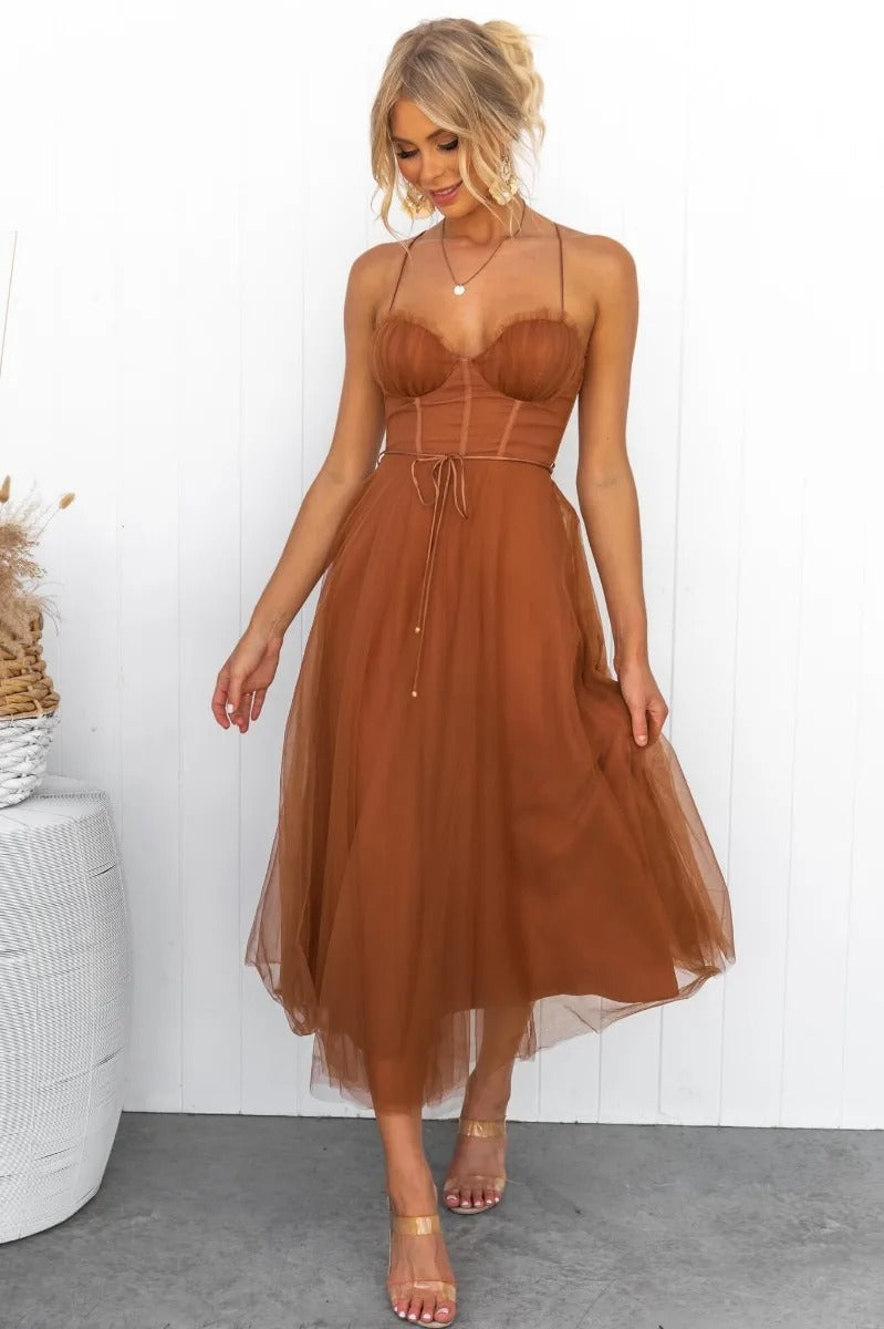 Women's Tulle Midi Wedding Guest DressSweetheart Corset Spaghetti Strap – Formal Party Wear