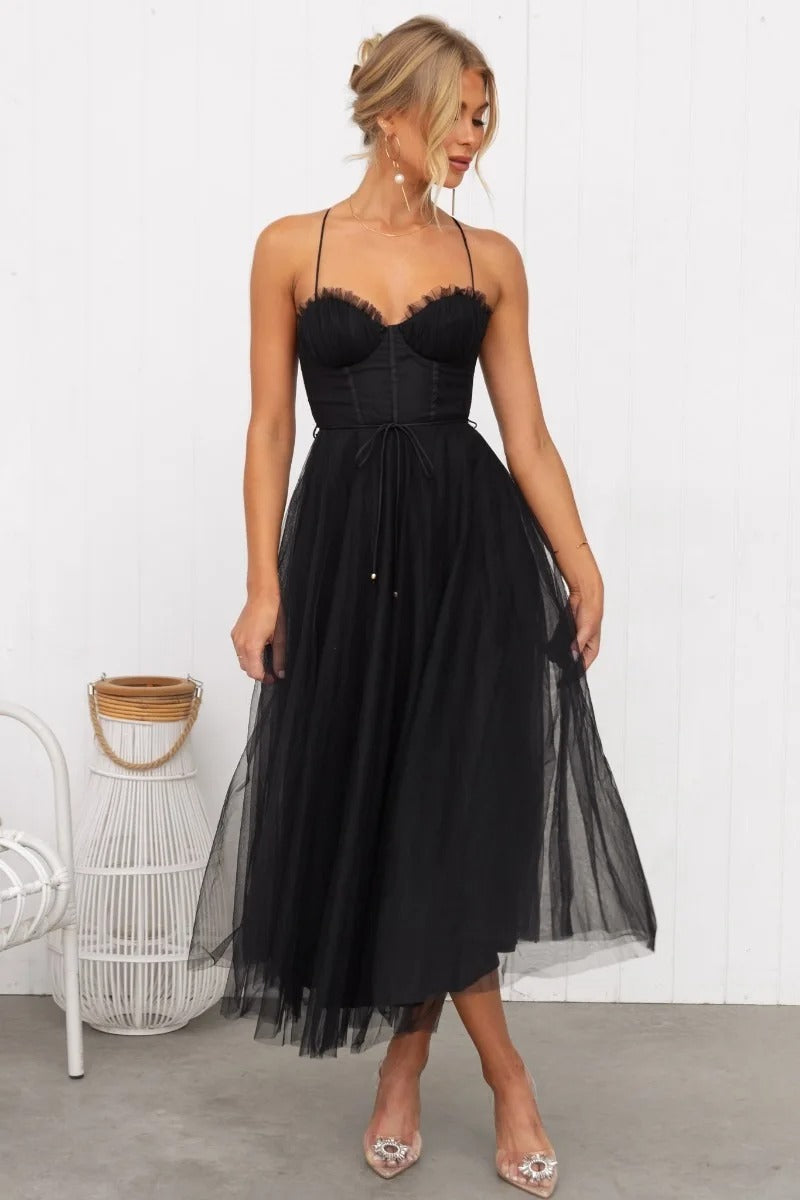 Women's Tulle Midi Wedding Guest DressSweetheart Corset Spaghetti Strap – Formal Party Wear