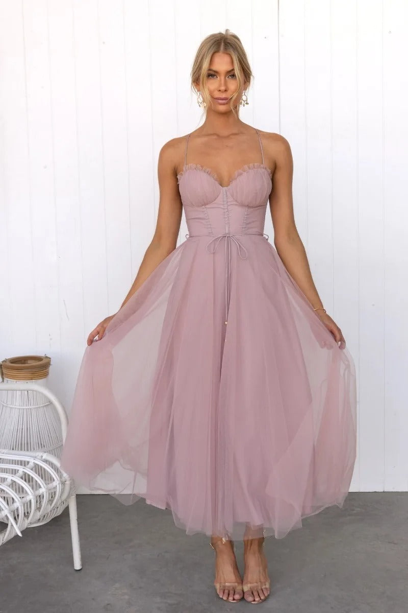 Women's Tulle Midi Wedding Guest DressSweetheart Corset Spaghetti Strap – Formal Party Wear