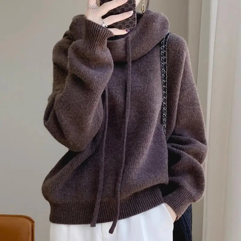 Women's Turtleneck Hoodie Drawstring Long Sleeve Ribbed Knit – Library Study