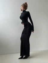 Women's Turtleneck Maxi Evening Party Dress Ruched Long Sleeve – Night Out