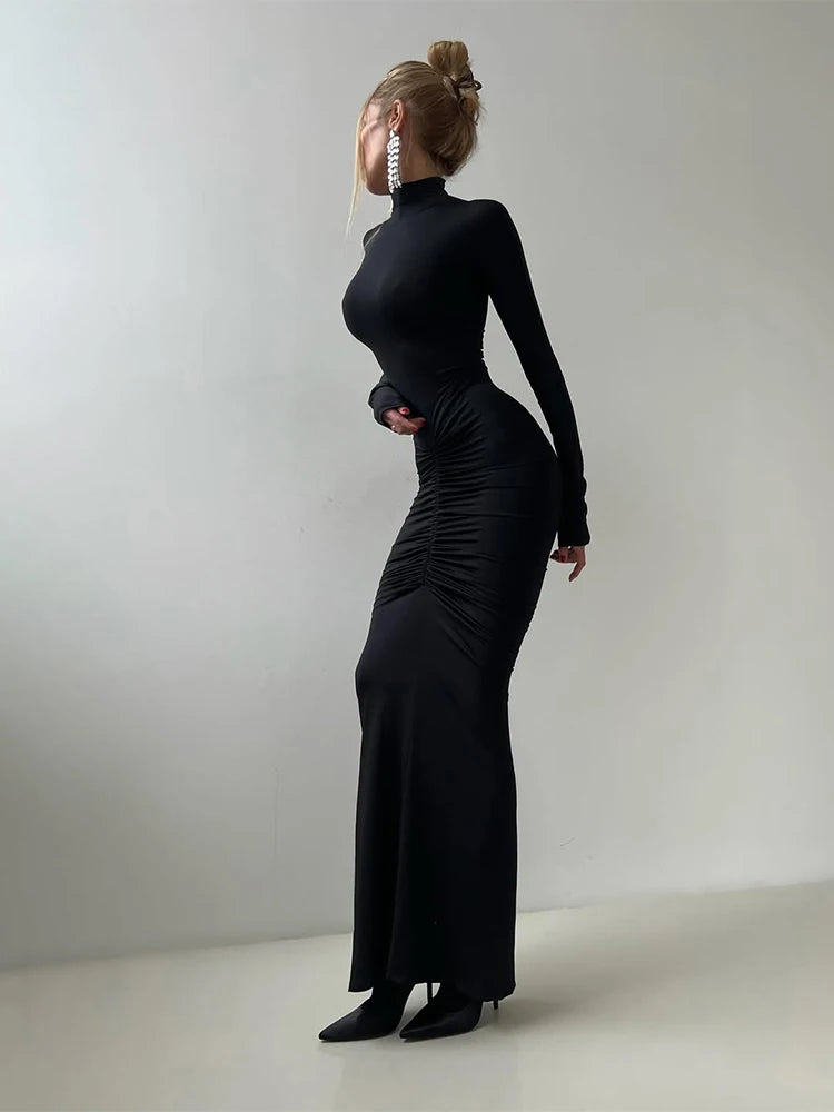 Women's Turtleneck Maxi Evening Party Dress Ruched Long Sleeve – Night Out