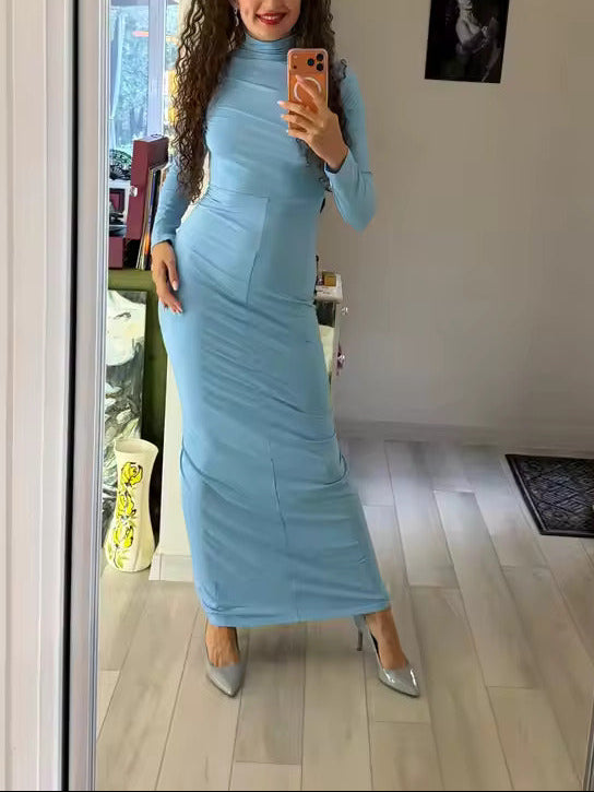 Women's Turtleneck Maxi Evening Party Dress Ruched Long Sleeve – Night Out