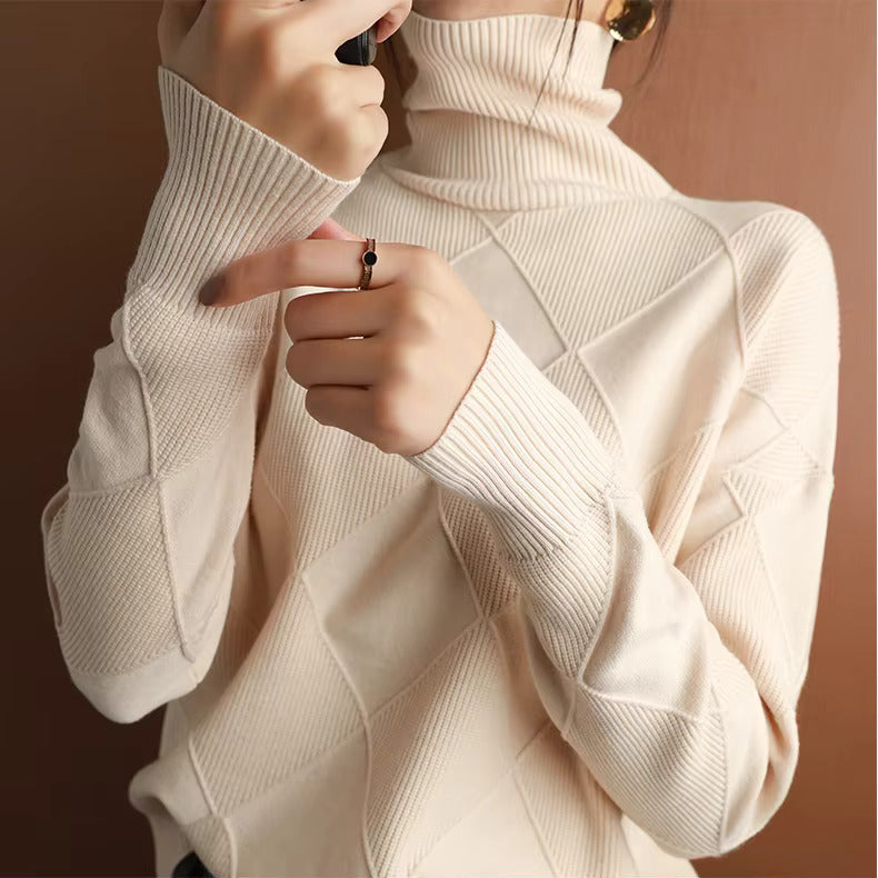 Women's Turtleneck Sweater Diamond Knit Long Sleeve Ribbed Cuffs – Gallery Visit