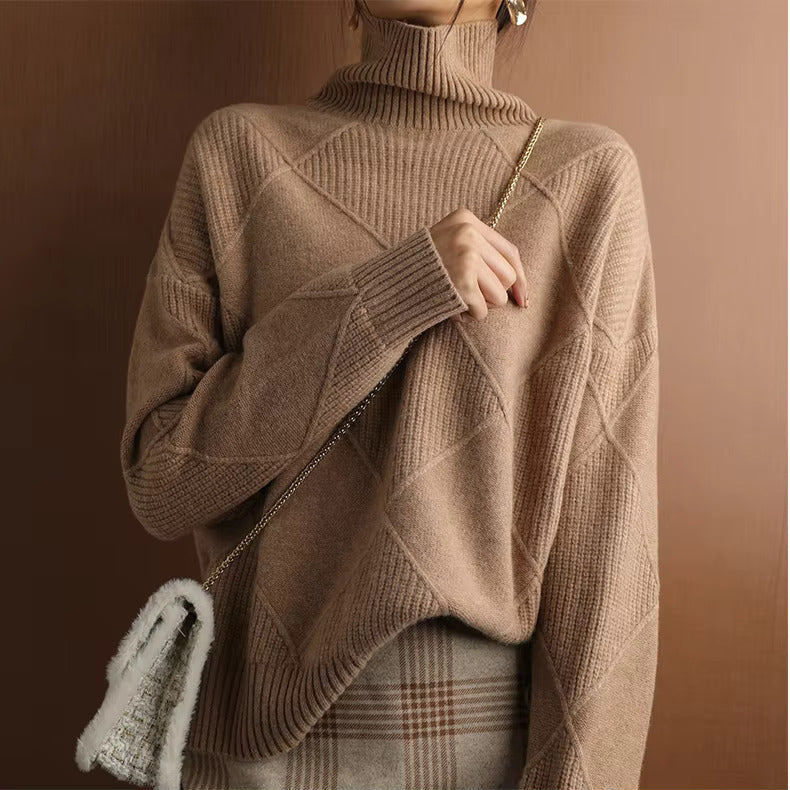 Women's Turtleneck Sweater Diamond Knit Long Sleeve Ribbed Cuffs – Gallery Visit