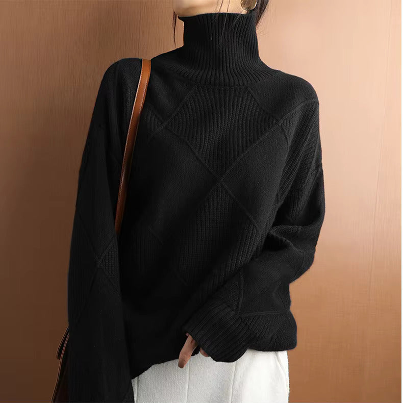 Women's Turtleneck Sweater Diamond Knit Long Sleeve Ribbed Cuffs – Gallery Visit