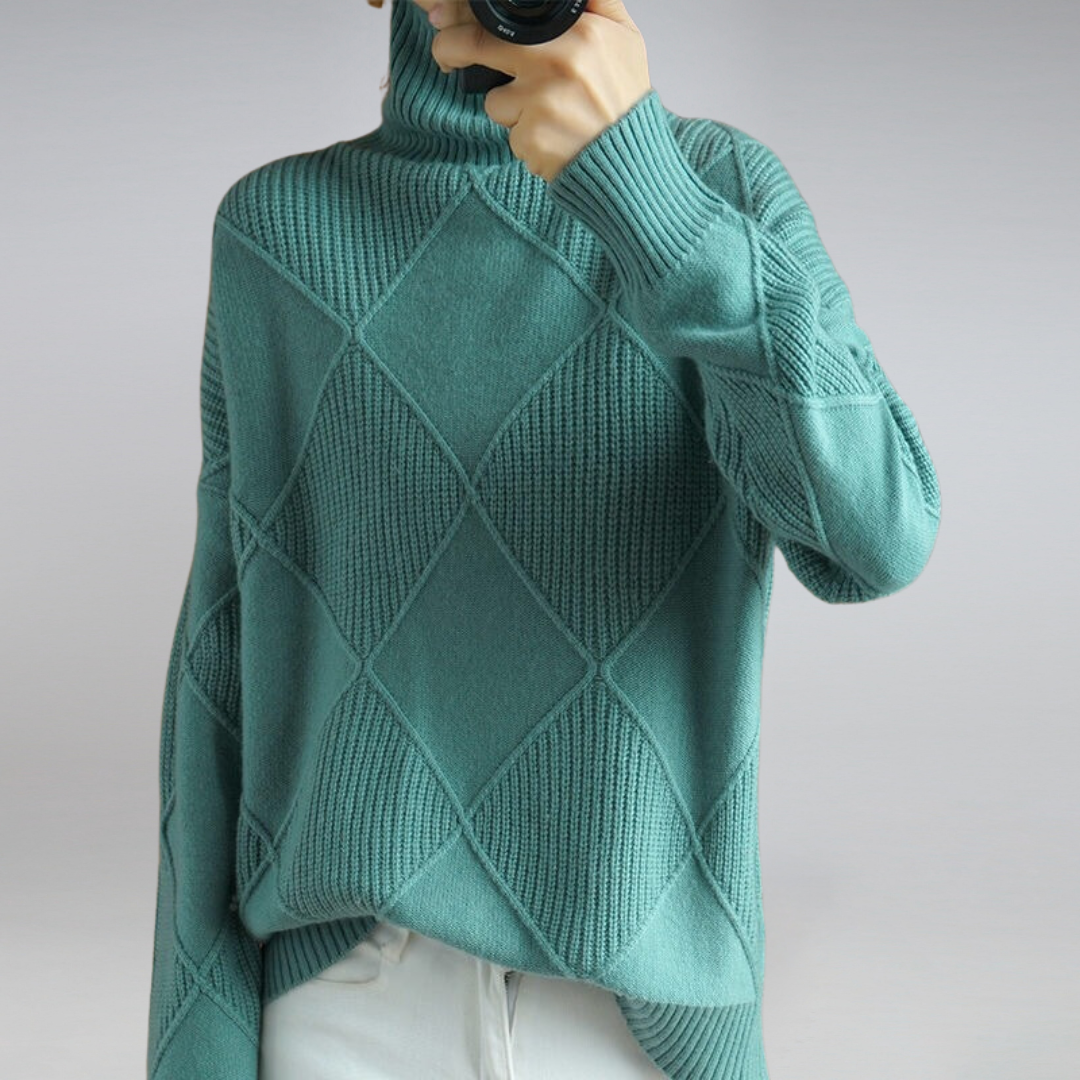 Women's Turtleneck Sweater Diamond Knit Long Sleeve Ribbed Cuffs – Gallery Visit