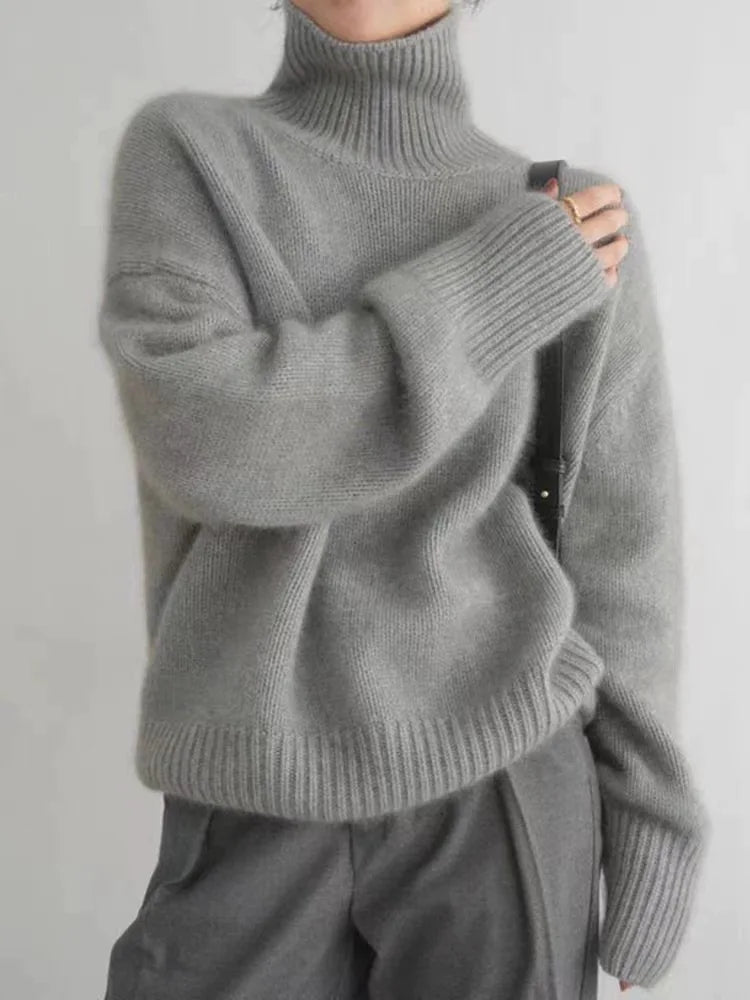 Women's Turtleneck Sweater Ribbed Cuffs Long Sleeve Pullover – Casual