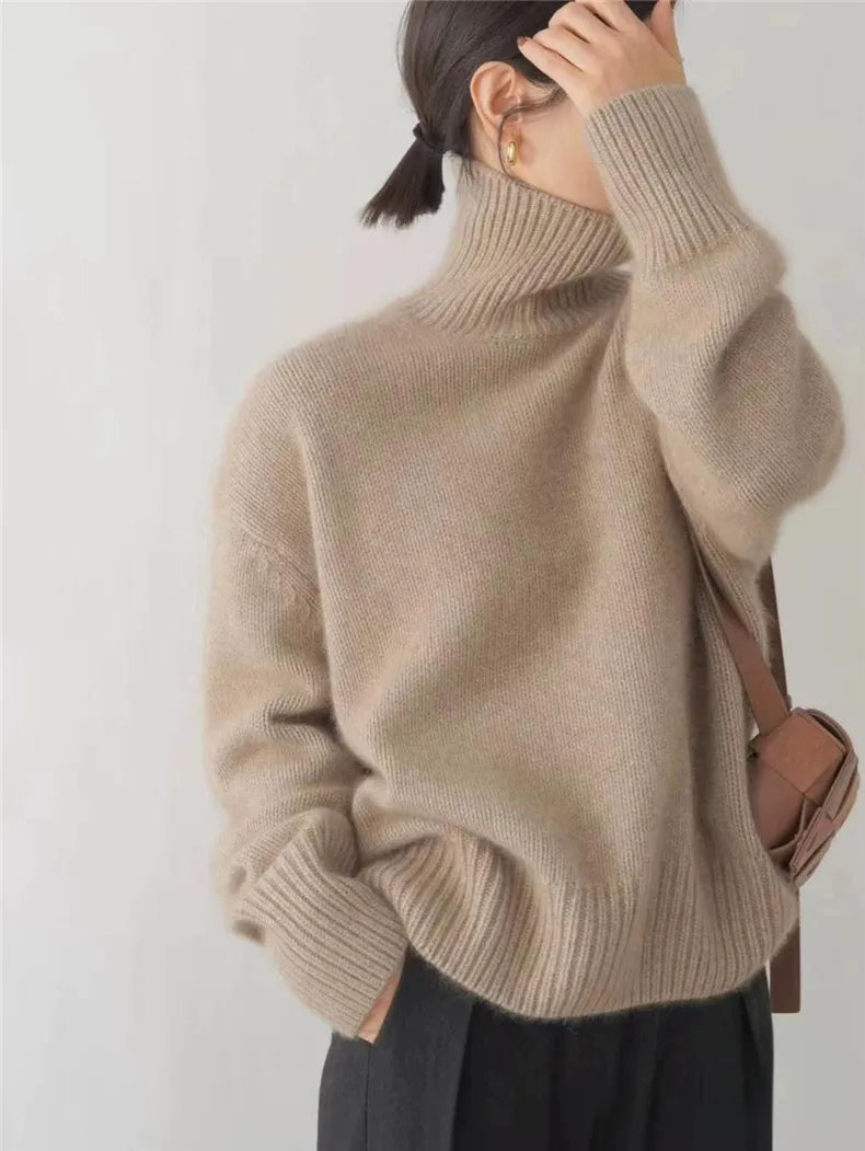 Women's Turtleneck Sweater Ribbed Cuffs Long Sleeve Pullover – Casual