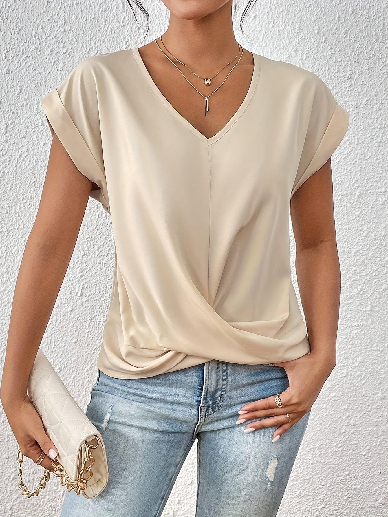 Women's Twist Front Blouse V-Neck Rolled Sleeve – Everyday Wear