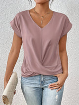 Women's Twist Front Blouse V-Neck Rolled Sleeve – Everyday Wear