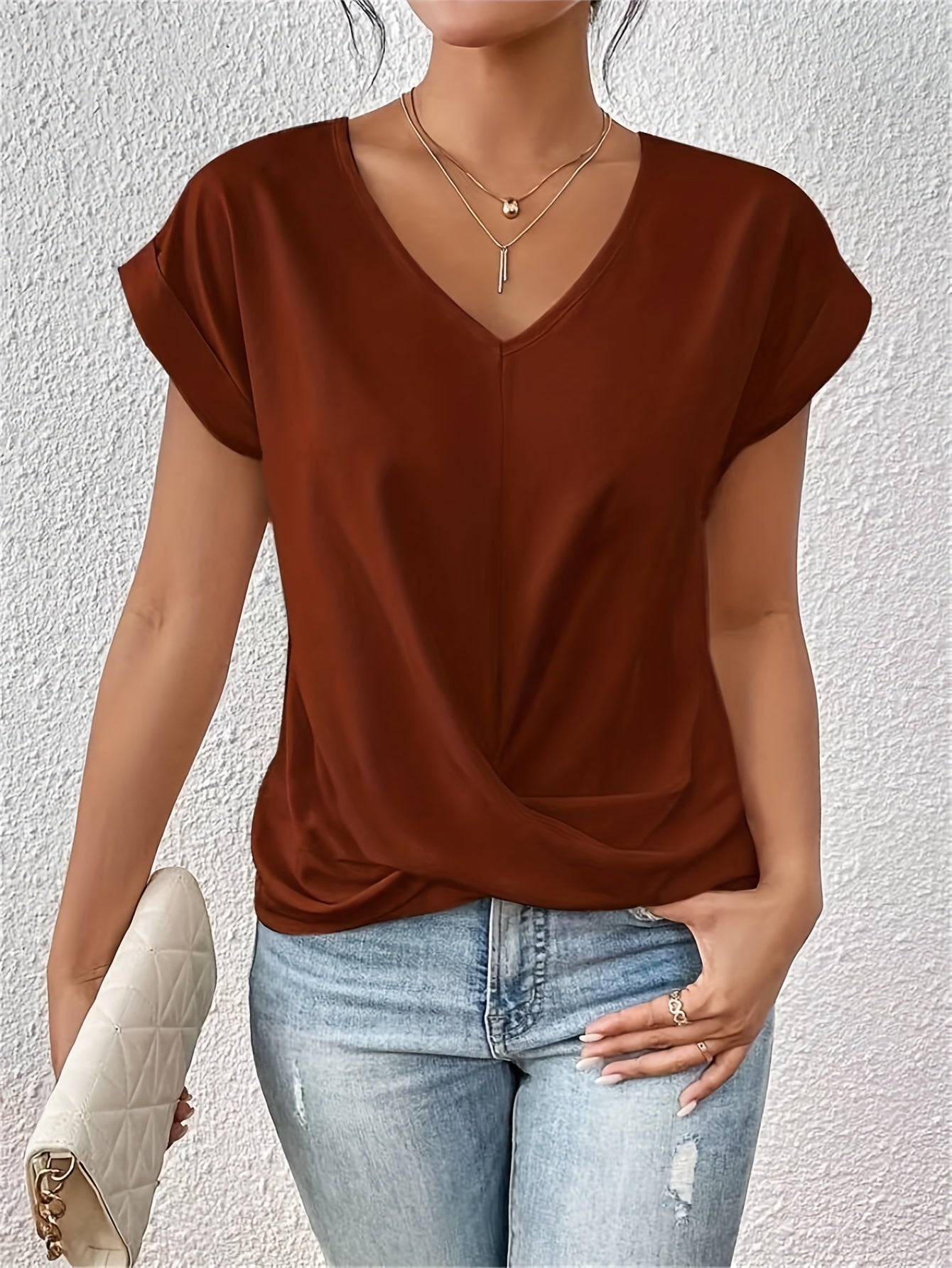 Women's Twist Front Blouse V-Neck Rolled Sleeve – Everyday Wear