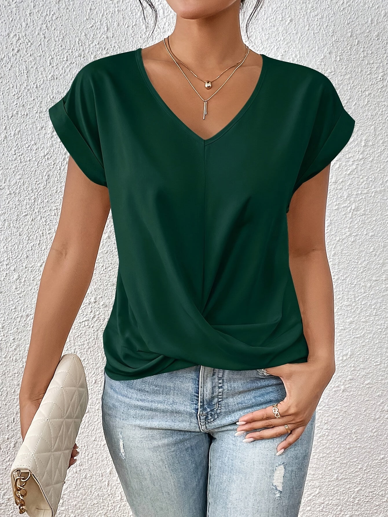 Women's Twist Front Blouse V-Neck Rolled Sleeve – Everyday Wear