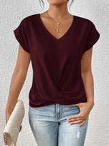 Women's Twist Front Blouse V-Neck Rolled Sleeve – Everyday Wear