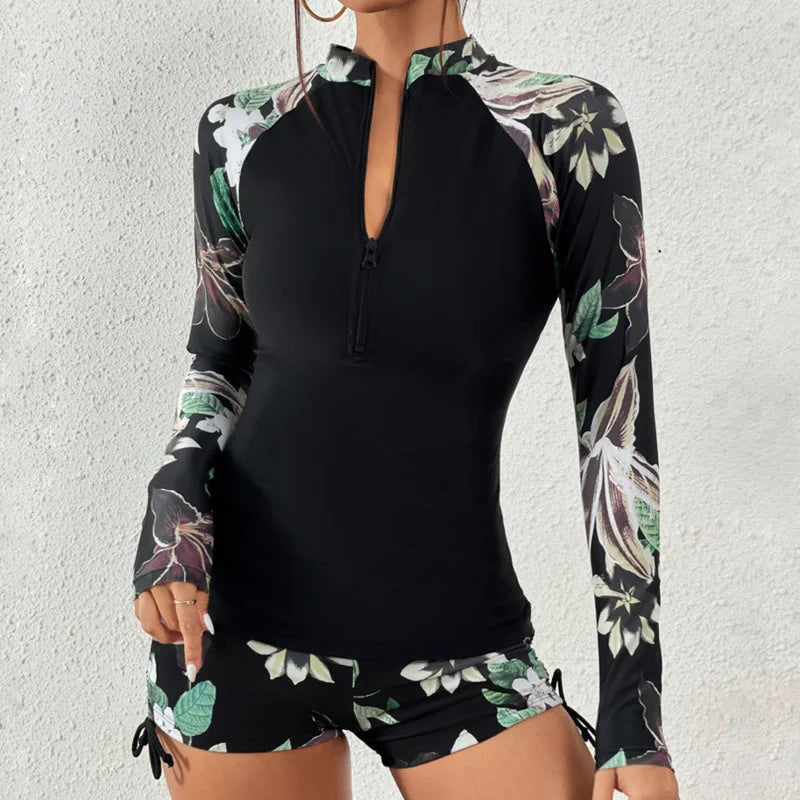 Women's Two-Piece Bathing Suit Long Sleeve Zip Front – Beach Vacation
