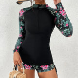 Women's Two-Piece Bathing Suit Long Sleeve Zip Front – Beach Vacation