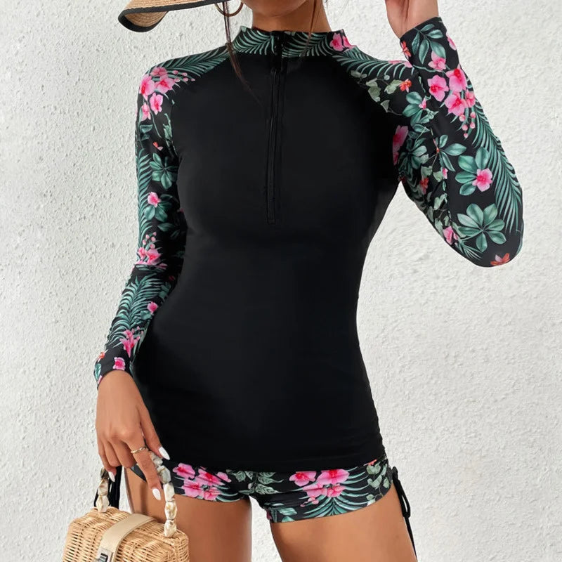 Women's Two-Piece Bathing Suit Long Sleeve Zip Front – Beach Vacation