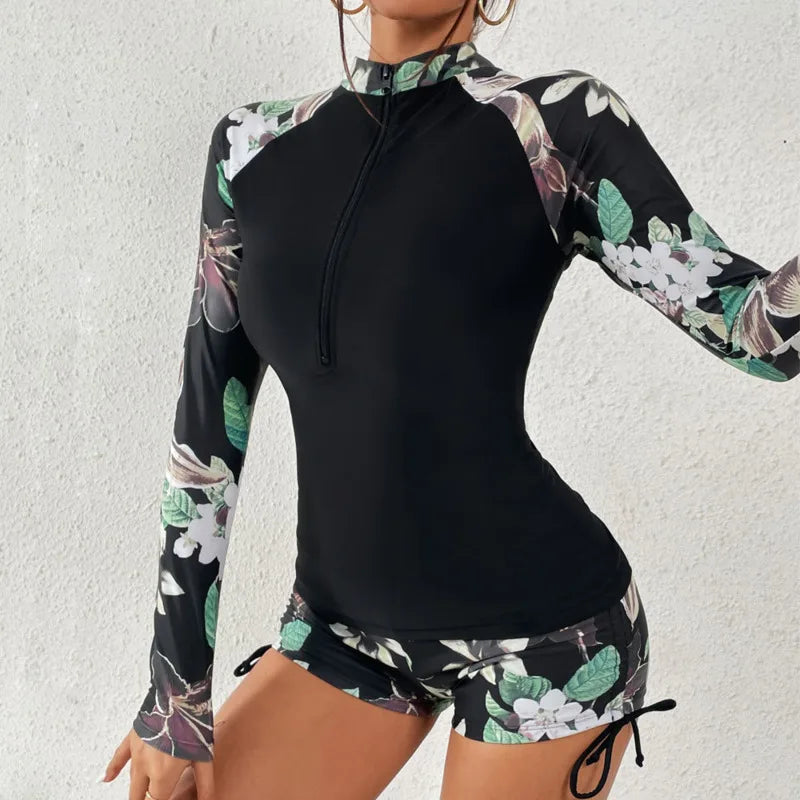 Women's Two-Piece Bathing Suit Long Sleeve Zip Front – Beach Vacation