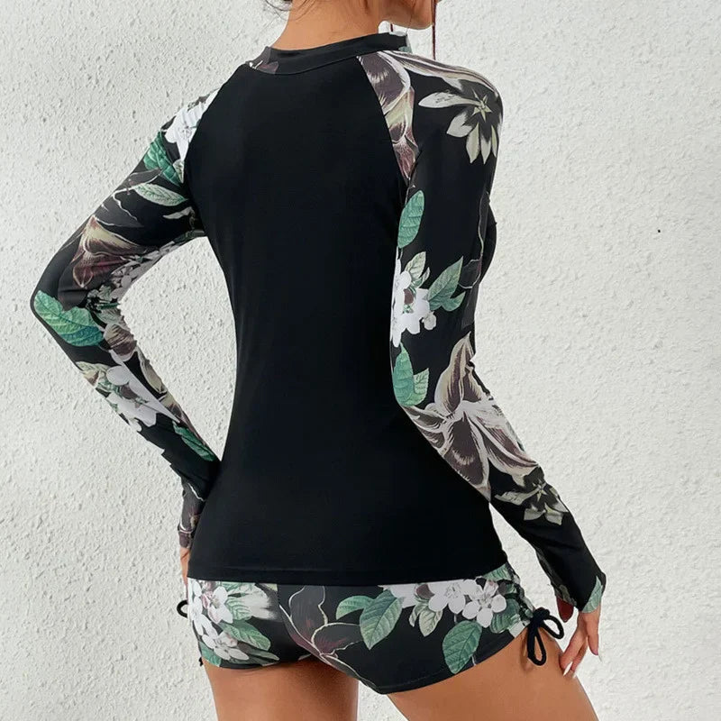 Women's Two-Piece Bathing Suit Long Sleeve Zip Front – Beach Vacation