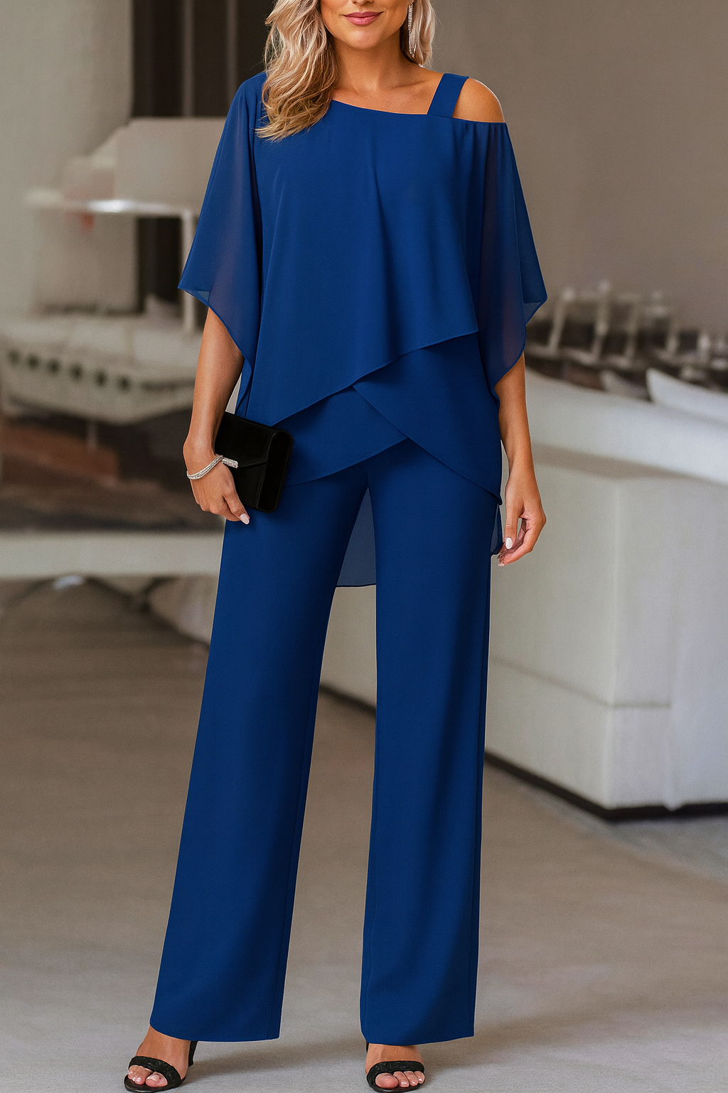 Women's Two Piece Evening Set Wide Leg Pants Cape Top – Formal Dinner