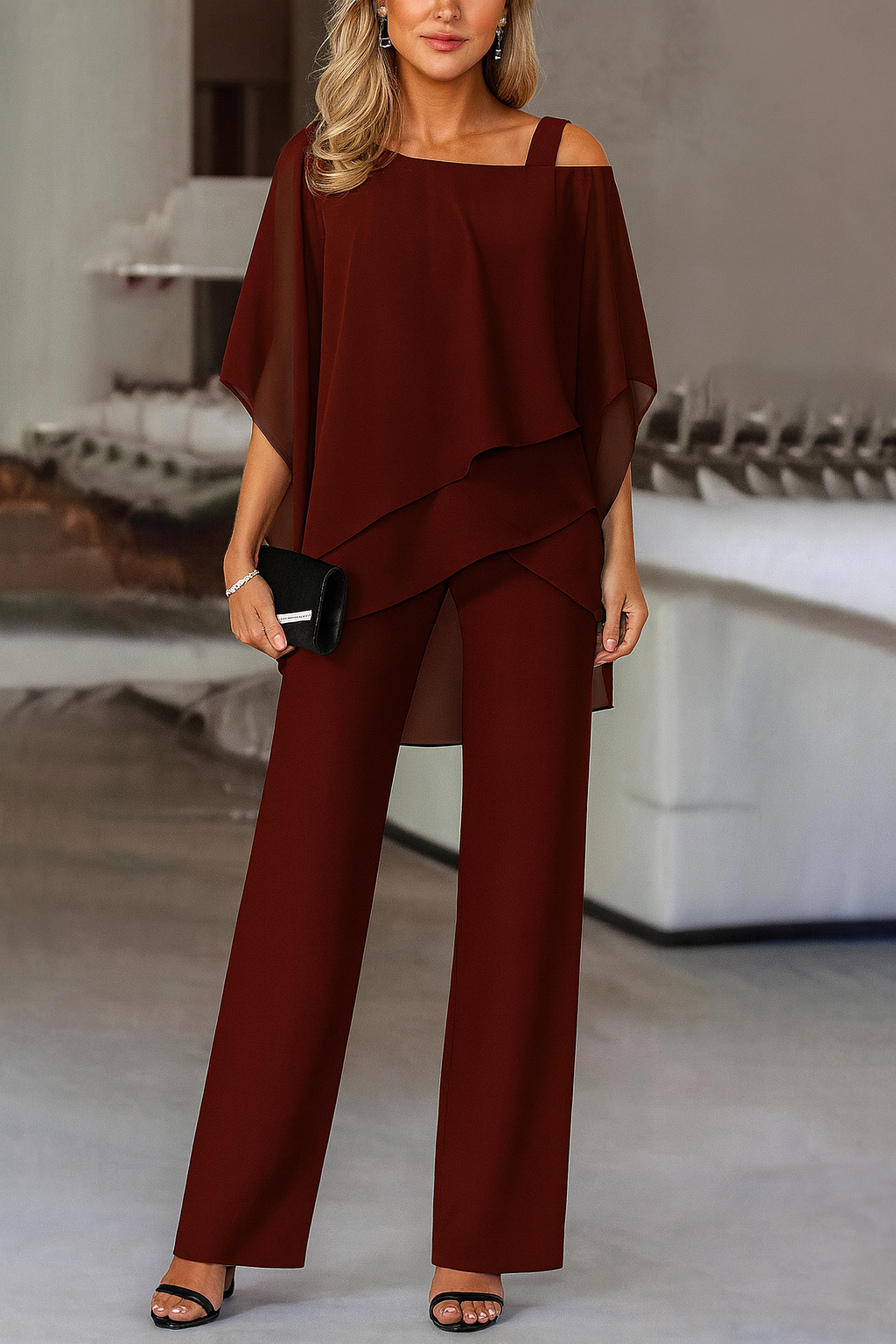 Women's Two Piece Evening Set Wide Leg Pants Cape Top – Formal Dinner