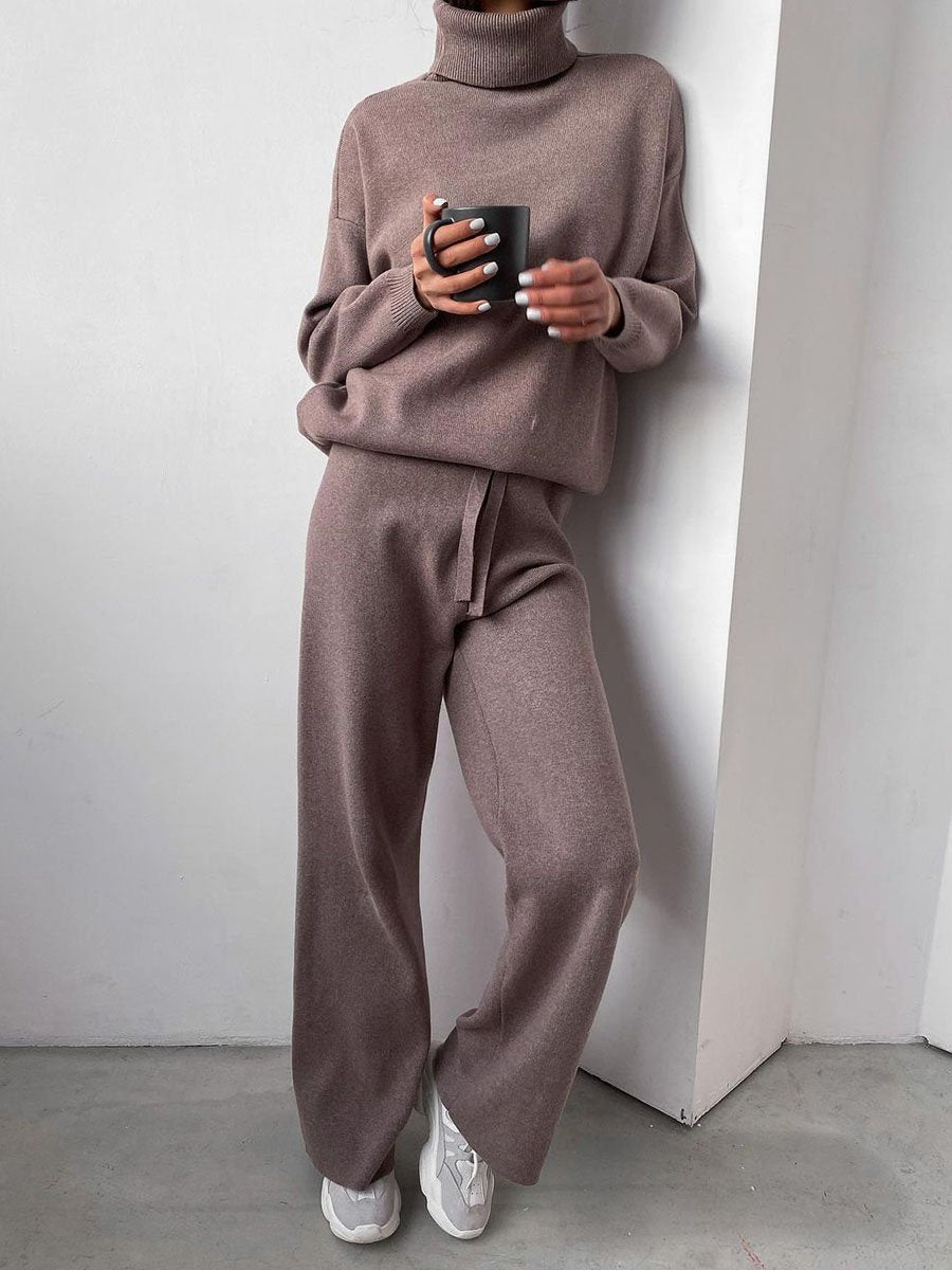 Women's Two Piece Lounge Set Knit Wide Leg Turtleneck - Night Party