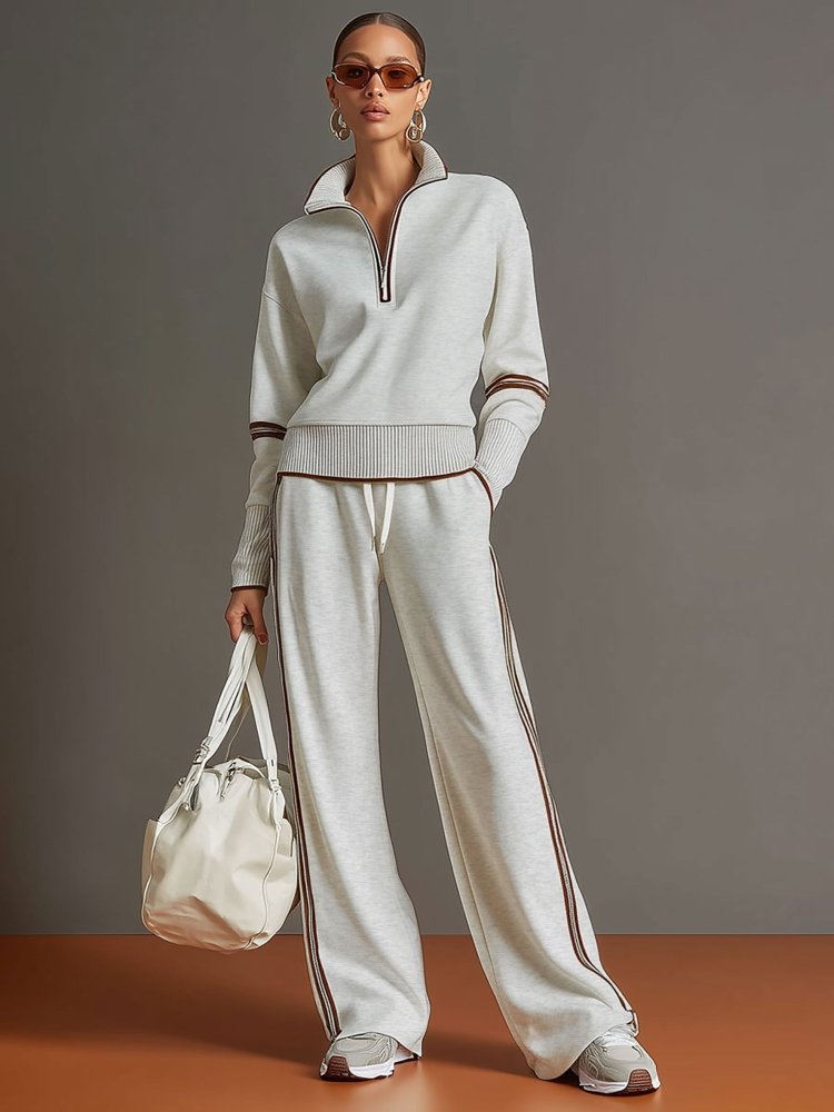 Women's Two-Piece Loungewear Set Half Zip Pullover Wide Leg – Home Gatherings