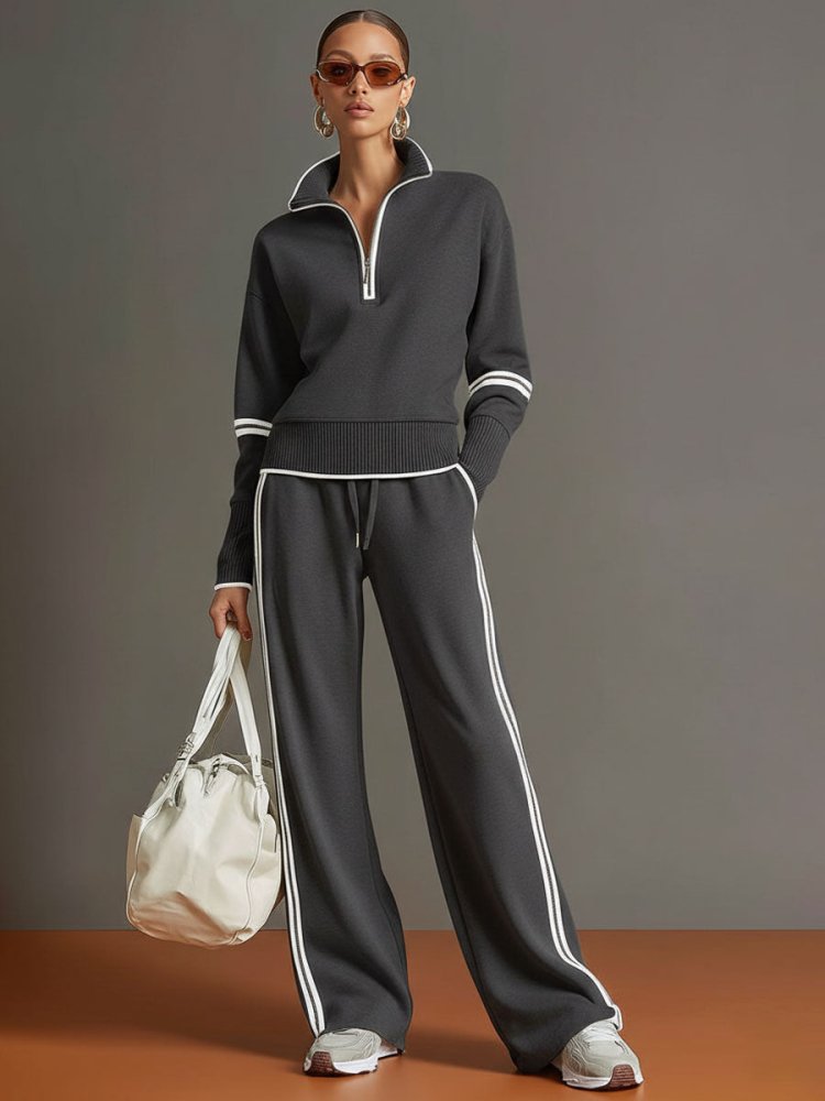 Women's Two-Piece Loungewear Set Half Zip Pullover Wide Leg – Home Gatherings