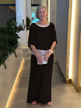 Women's Two Piece Sequin Set Cape Top Wide Leg Pants – Evening Event