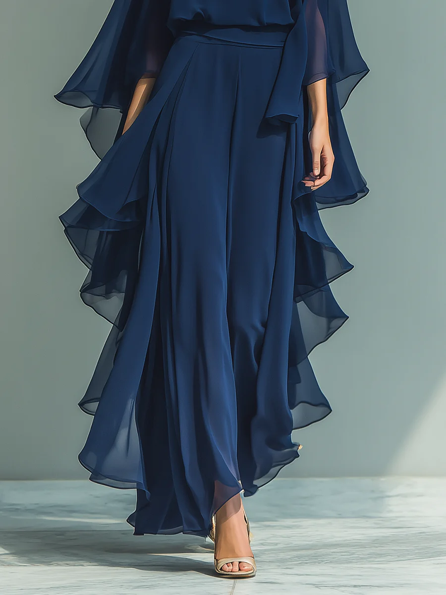 Women's Two-Piece Set Cape Sleeve Wide Leg Side Ruffle – Cocktail Party