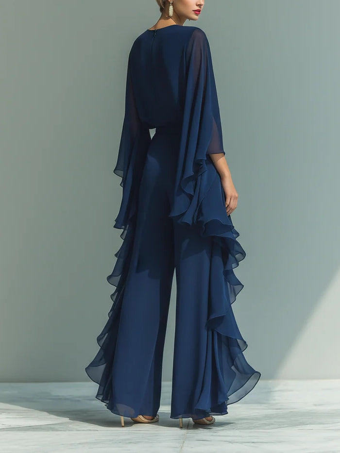 Women's Two-Piece Set Cape Sleeve Wide Leg Side Ruffle – Cocktail Party