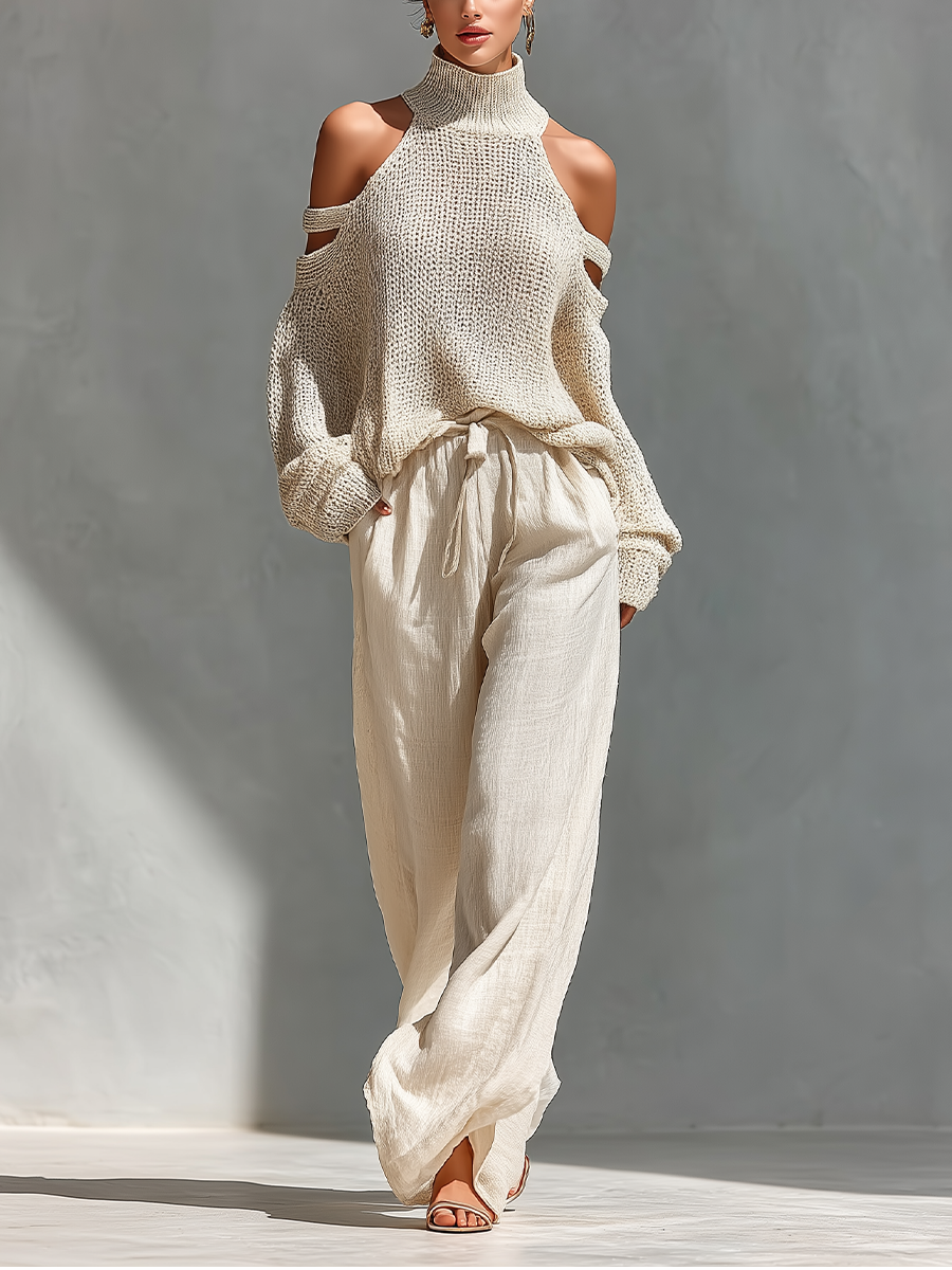 Women's Two-Piece Set Cold Shoulder High Neck Wide Leg – Beach Vacation